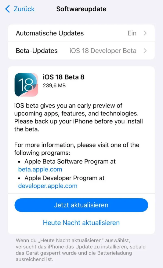 思礼镇苹果手机维修分享苹果 iOS / iPadOS 18 开发者预览版 Beta 8 发布 